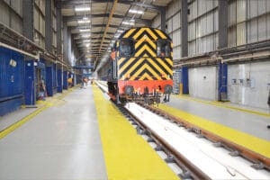 Train in completed rail maintenance rail train depot